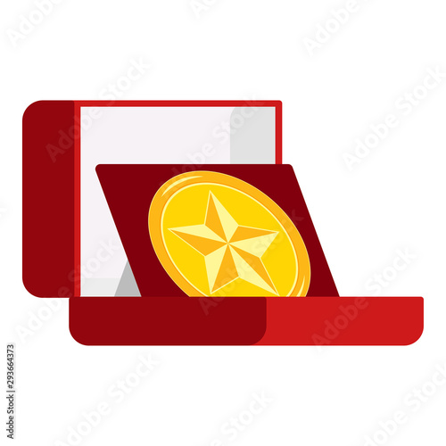 Champion golden round shape medal decorated with star in open red velvet box isolated on white background.