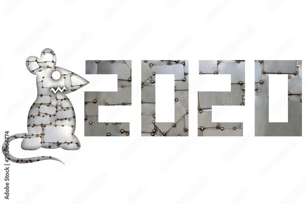 Obraz premium Silhouette of metal rat and figures on white background