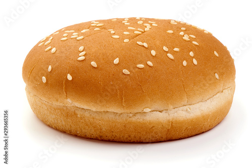 Delicious burger buns with sesame seeds, ingredients for burger, isolated on white background