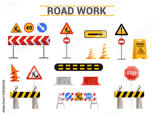 Road work signs flat illustrations set