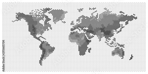 flat pixel dots world map with Atlantic Ocean in the design of points dots of hexagons. Planet Earth background Dotted banner. All the continents of the world in one picture of hexagons pixel Dotted.