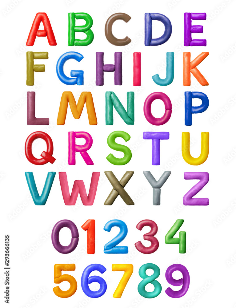 Latin alphabet and numbers made of colored plasticine, isolated on white background Latin alphabet and numbers made of colored plasticine, isolated on white background