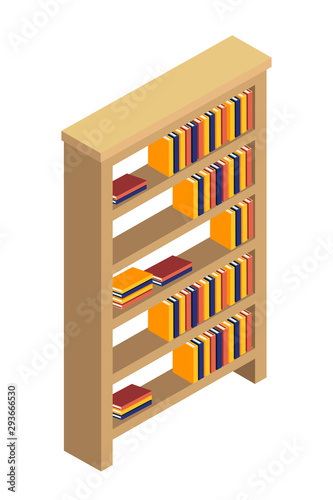 Wooden bookcase isometric vector illustration