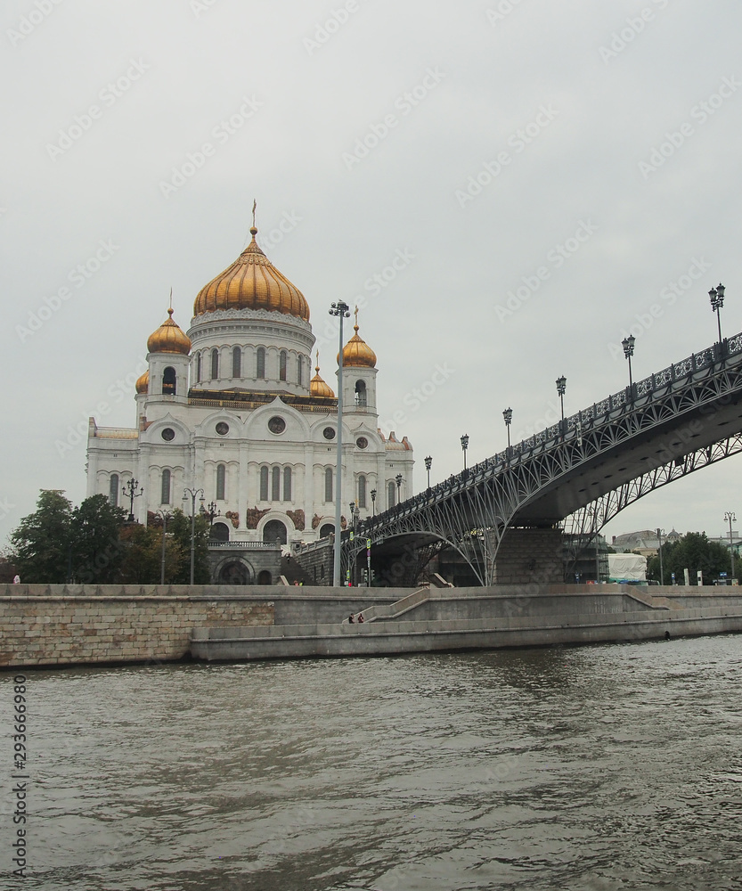 Cathedral of Christ the Saviour and Patriarchal bridge. Walk on the river Moscow. Moscow, Russia.