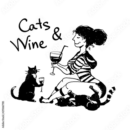 nice evening girl with cats drinks wine. the evening is strong and independent. Print Modern Illustration. Vector.