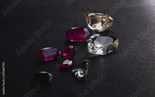Collection of Red ruby and topaz  Precious stones for jewellery on black background