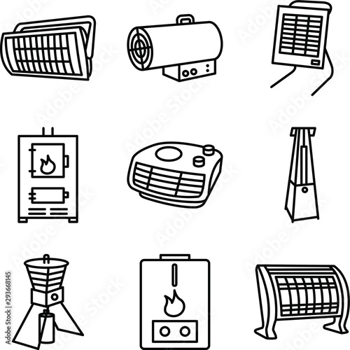  Set icons of heaters, household appliances on a white background. Radiator, heater, heat system line icon. Heating  silhouette icons for web and mobile, modern minimalist flat design