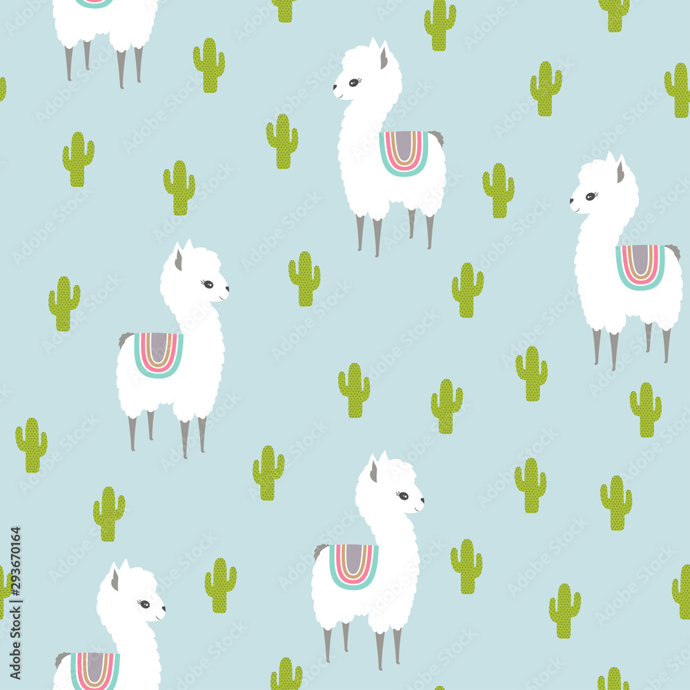 White llama alpaca and cactus seamless pattern White llama alpaca and cactus seamless pattern