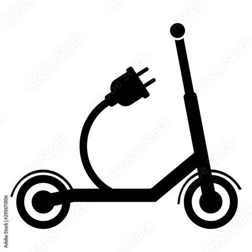 Simple black e-scooter with charging cable icon isolated on white background