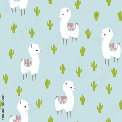 White llama alpaca and cactus seamless pattern