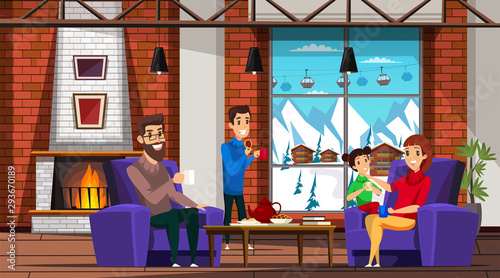 Family in ski resort flat vector illustration photo