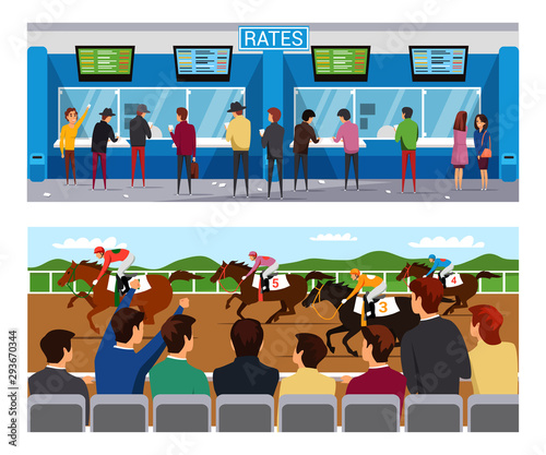 Horse race betting flat vector illustrations set