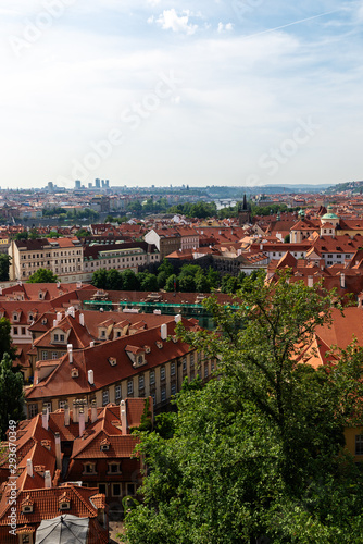 View on Prague panorama with red roofs and historic architecture