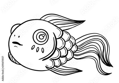 Decorative fish coloring page. Cute goldfish vector illustration isolated on white. Hand drawing coloring book for children.