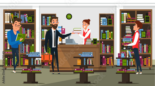 Bookstore interior flat vector illustration
