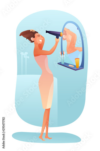 Woman drying hair vector illustration