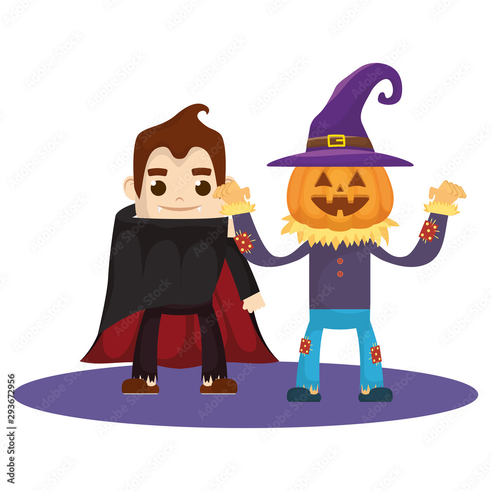 little kids with scarecrow pumpkin and dracula costumes characters