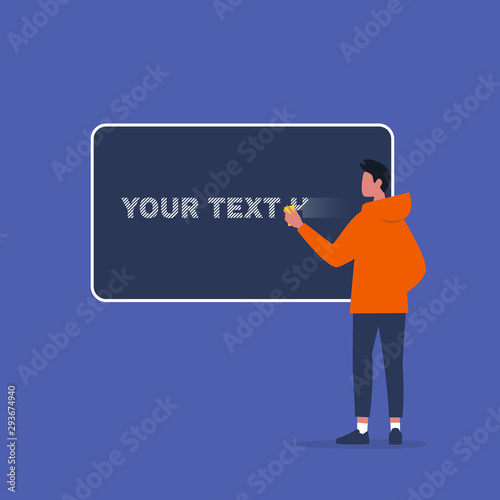 Your text here. Young male character wiping off the sign from a chalkboard. Education. University. Flat editable vector illustration, clip art