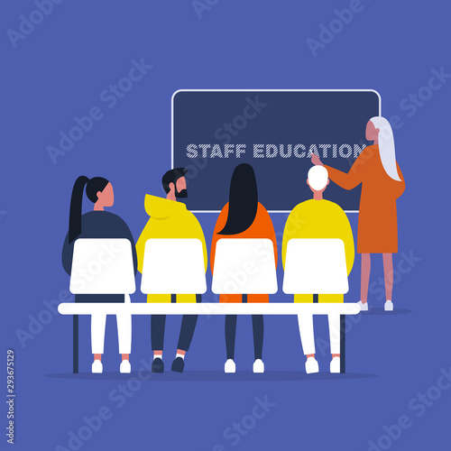 Staff education. Office workshops and seminars. Human resources. Career. Modern workers. Flat editable vector illustration, clip art