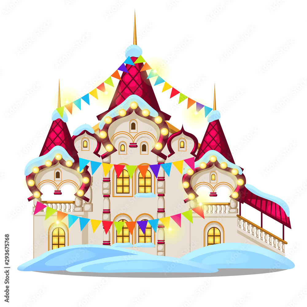 Fairytale castle festively decorated with garlands and multicolored flags isolated on white background. Sketch of Christmas festive poster, party invitation, holiday card. Vector cartoon close-up.