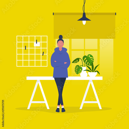 Young CEO of a company. Caucasian female character leaning on a desk. Office life. Marketing. Management. Flat editable vector illustration, clip art