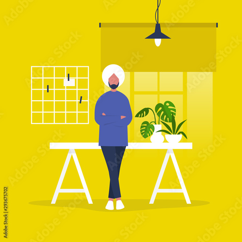Young CEO of a company. Indian male character leaning on a desk. Office life. Marketing. Management. Flat editable vector illustration, clip art