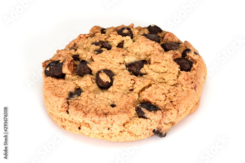 Homemade cookies. Sweet cookie with chocolate chips. Tasty biscuit in high resolution close-up  isolated on white background with shadows. Homemade bakery.