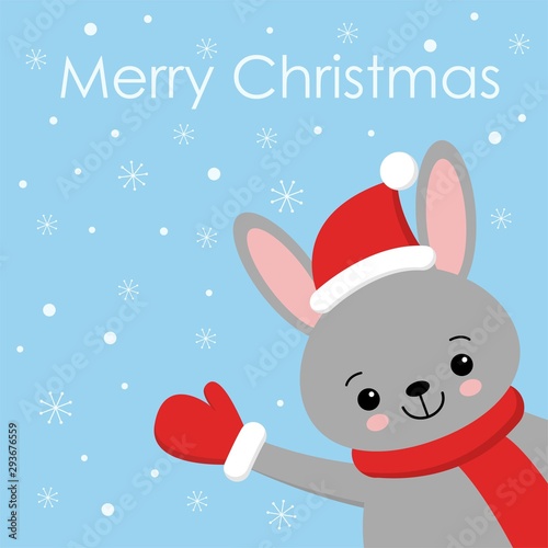 Cute rabbit card. Santa Claus hat on bunny vector illustration. New Year square banner with smiling bunny. Winter holiday package design. Flat forest animal.