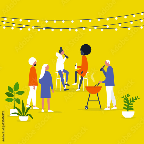 Block party. Garden. Backyard. String lights and plants. Outdoor. Millennial lifestyle. Gather together. Friends. Flat editable vector illustration, clip art