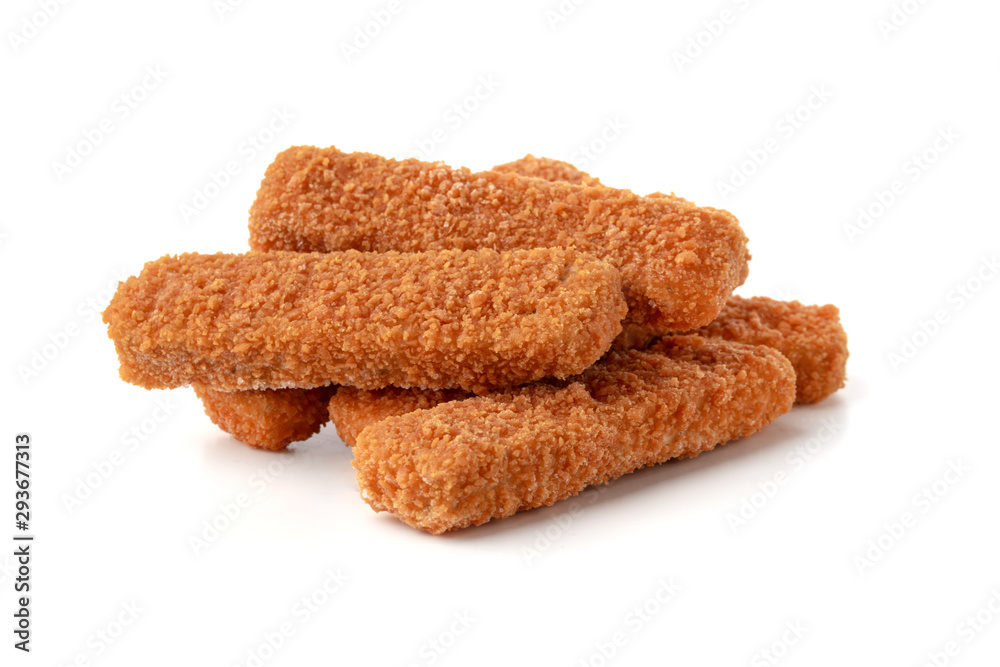 Fish fingers on a white background. Frozen fish fingers close-up. Fish fingers on a white background. Frozen fish fingers close-up.