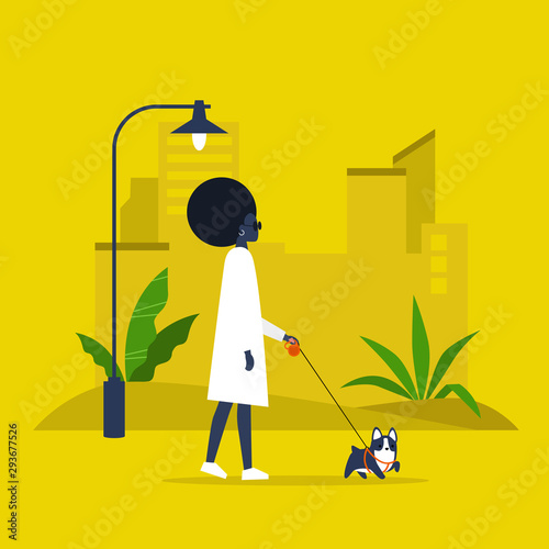 Young black female character walking with a dog on a leash. Recreation. Outdoor. Modern lifestyle. Flat editable vector illustration, clip art