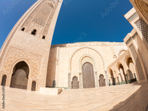 Hassan II Mosque on coast of Atlantic Ocean in Casablanca Morocco. Biggest mosque in Africa. Beautiful Arabic African Architecture. 