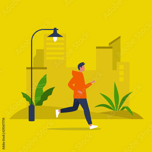 Jogging. Young male character running in a park. Sport. Lifestyle. Active Millennials. Flat editable vector illustration, clip art