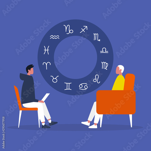 Astrologer session. Fortune telling. Zodiacal signs. Horoscope. Flat editable vector illustration, clip art. Psychic. Experience. Flat editable vector illustration, clip art