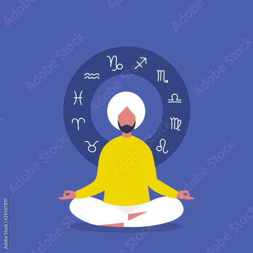 Meditation. Astrology. Zodiac signs. Flat editable vector illustration, clip art. Young indian male character sitting in lotus position. Harmony