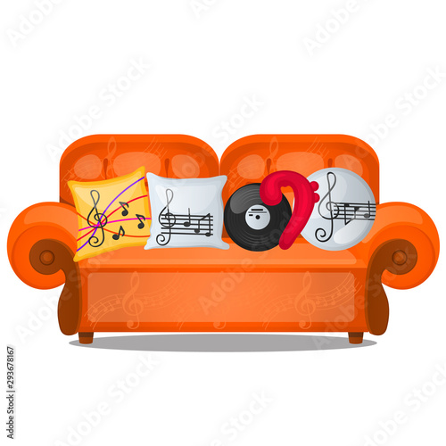 Sofa with pillows on musical theme isolated on white background. Sketch of poster, party invitation, other card. Stylized upholstered furniture for the interior. Vector cartoon close-up illustration.