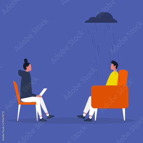 Psychotherapy. A conversation between a doctor and a patient. Clinic. Consulting. Mental health. Support. Depression. Concept. Flat editable vector illustration, clip art