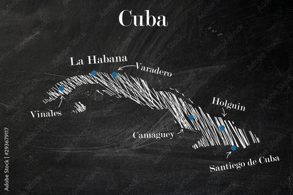 Ręcznie lustrowana kredą na tablicy szkolnej mapa Kuby - obrazy, fototapety, plakaty 