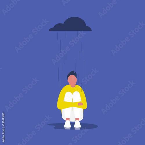 Depression. Psychology. Mental health. Rain. Cloud. Young male character sitting in the rain. Flat editable vector illustration, clip art. Concept