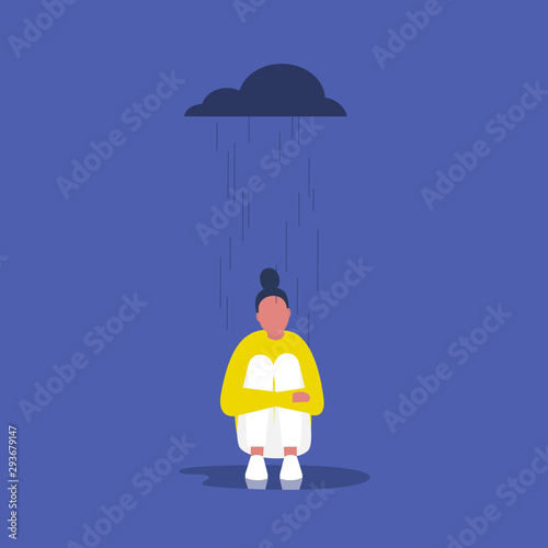 Depression. Psychology. Mental health. Rain. Cloud. Young female character sitting in the rain. Flat editable vector illustration, clip art. Concept