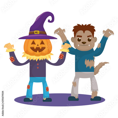 little kids with scarecrow pumpkin and werewolf costumes characters