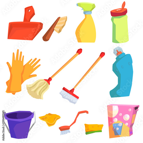 Cartoon cleaning tools. Set of objects for cleaning.