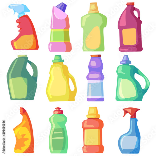 Set of vector empty bottles, detergents for cleaning the house.