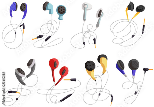 Headphones for listening to music, headphone vector set, in-ear headphones.