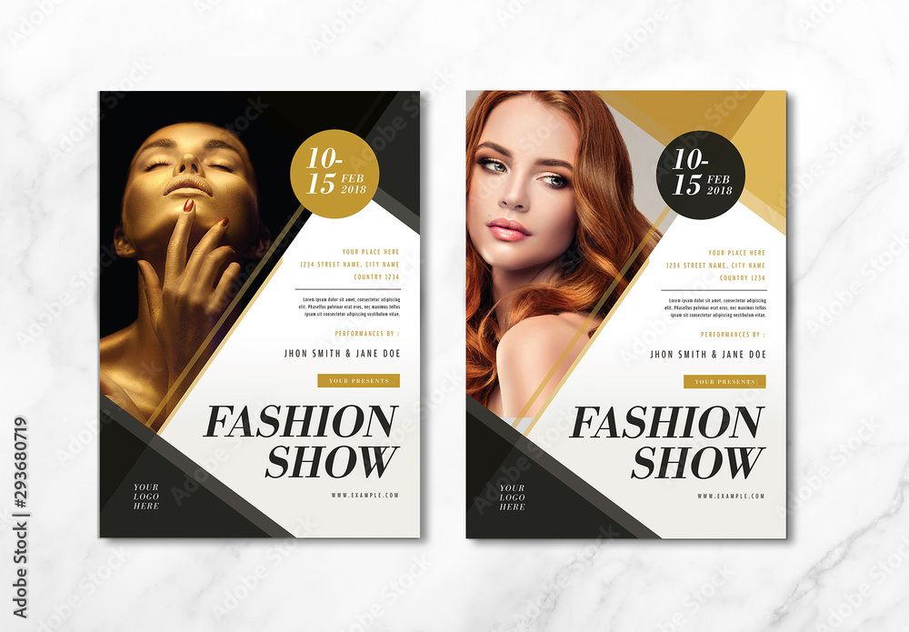 Fashion Show Flyer Layout with Gold Accents Stock Template | Adobe Stock
