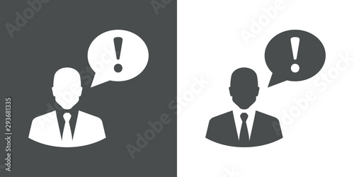 Icono plano hombre de negocios y atención en globo en gris y blanco