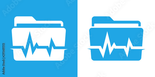 Logotipo con carpeta con ritmo cardiaco en azul y blanco