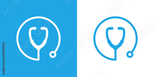 Logotipo con circulo lineal como estetoscopio en azul y blanco