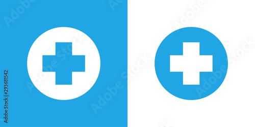 Logotipo con circulo con cruz en azul y blanco