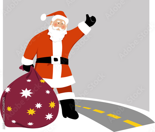 Santa Claus with a bag of gifts hailing a cab or hitchhike at the side of a highway, EPS 8 vector illustration